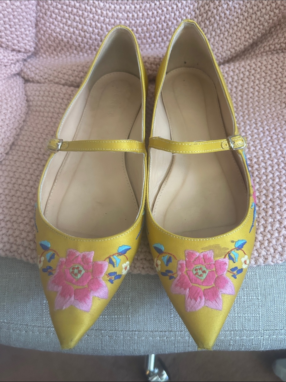 J. Crew Yellow Pointed Mary Jane Flats with Pink Floral Embroidery